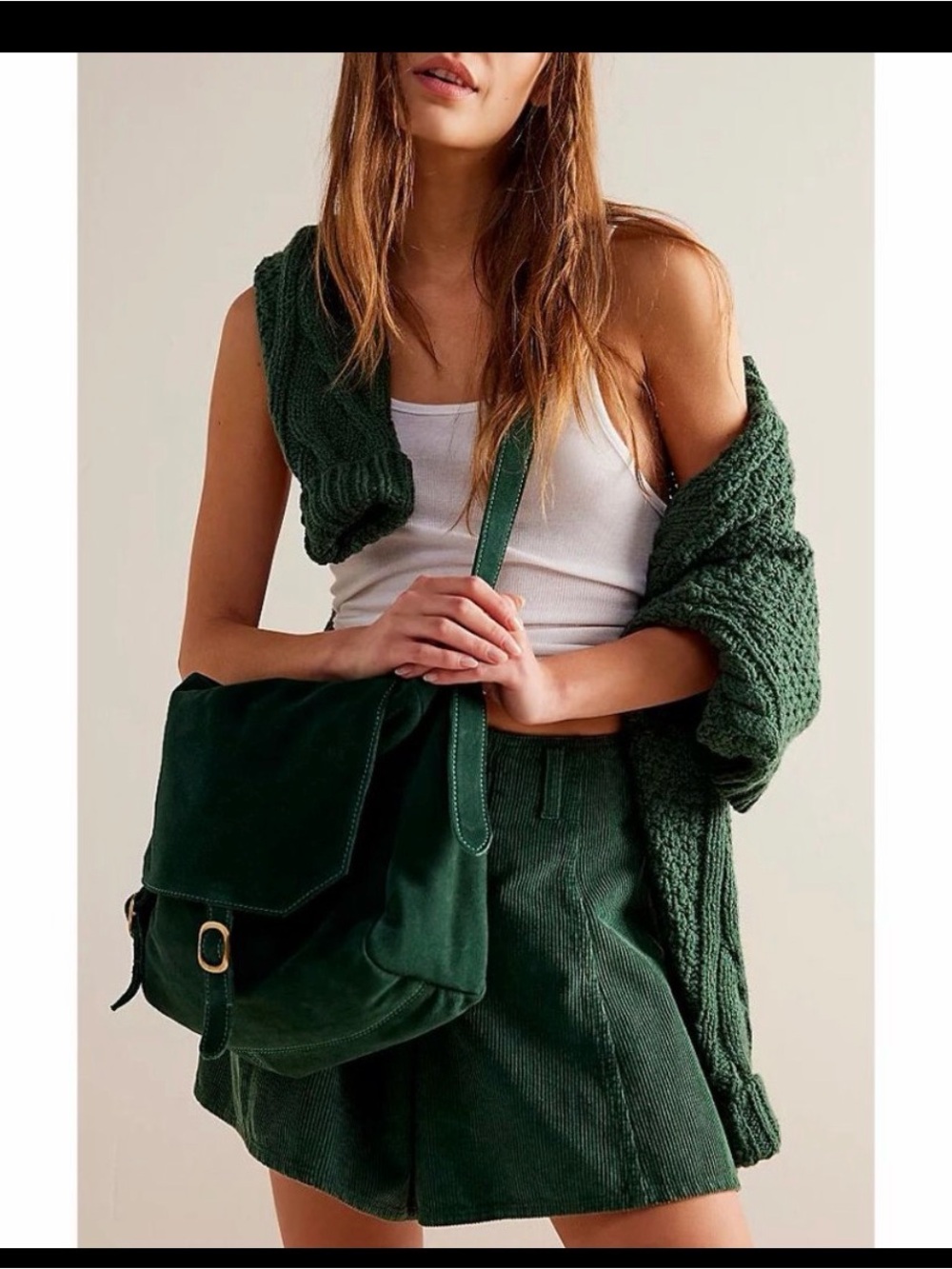 FREE PEOPLE SUEDE MESSENGER BAG DEEP GREEN